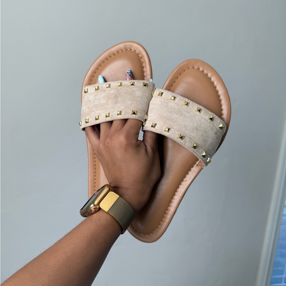 Beige Studded Slide Sandals